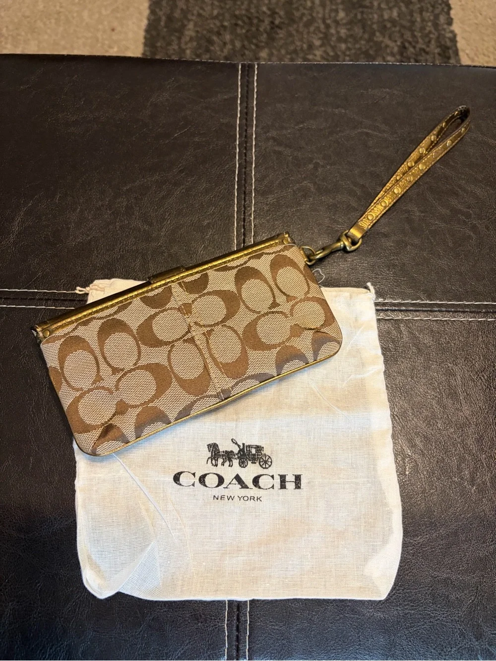 Coach Signature Buckle Metallic Bronze Leather Canvas Clutch Wallet